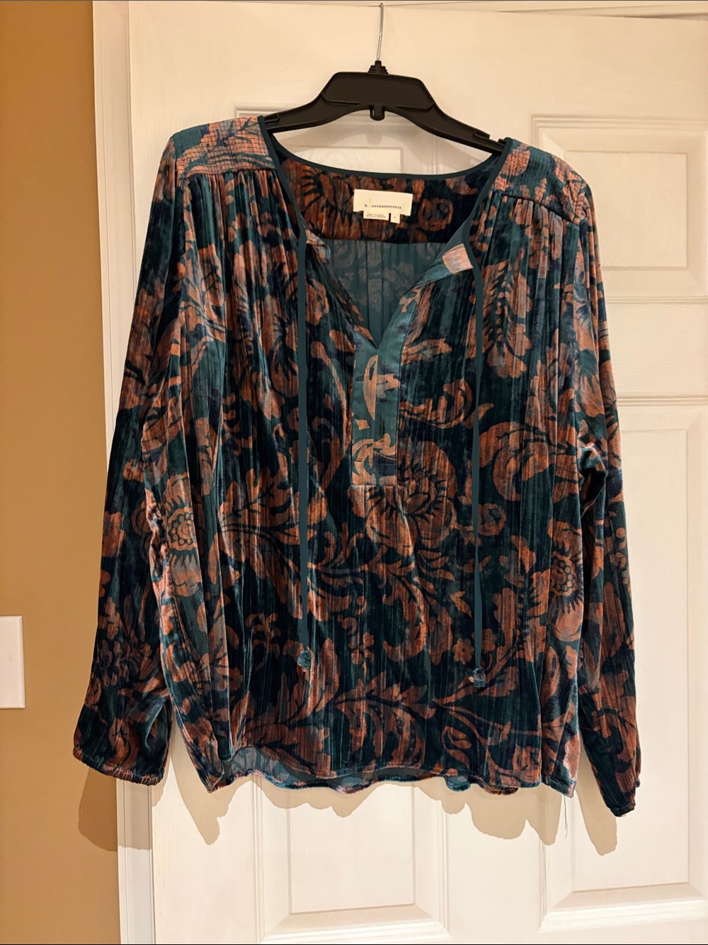 Anthropologie Teal and Brown Floral Velvet Burnout Top
